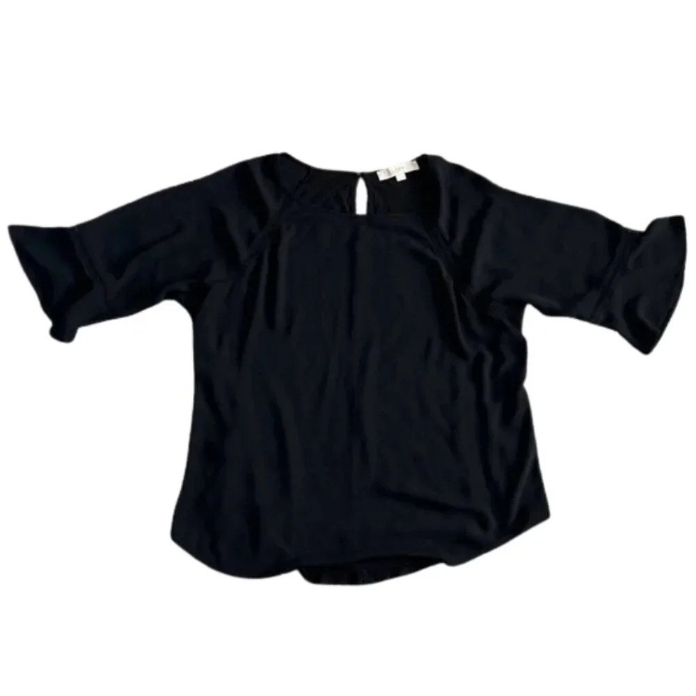 LOFT Women’s Black Ruffle Elbow Sleeve Keyhole Blouse - Size L